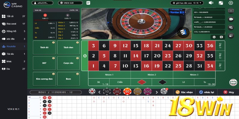 Các cửa đặt phong phú tại Roulette 18Win